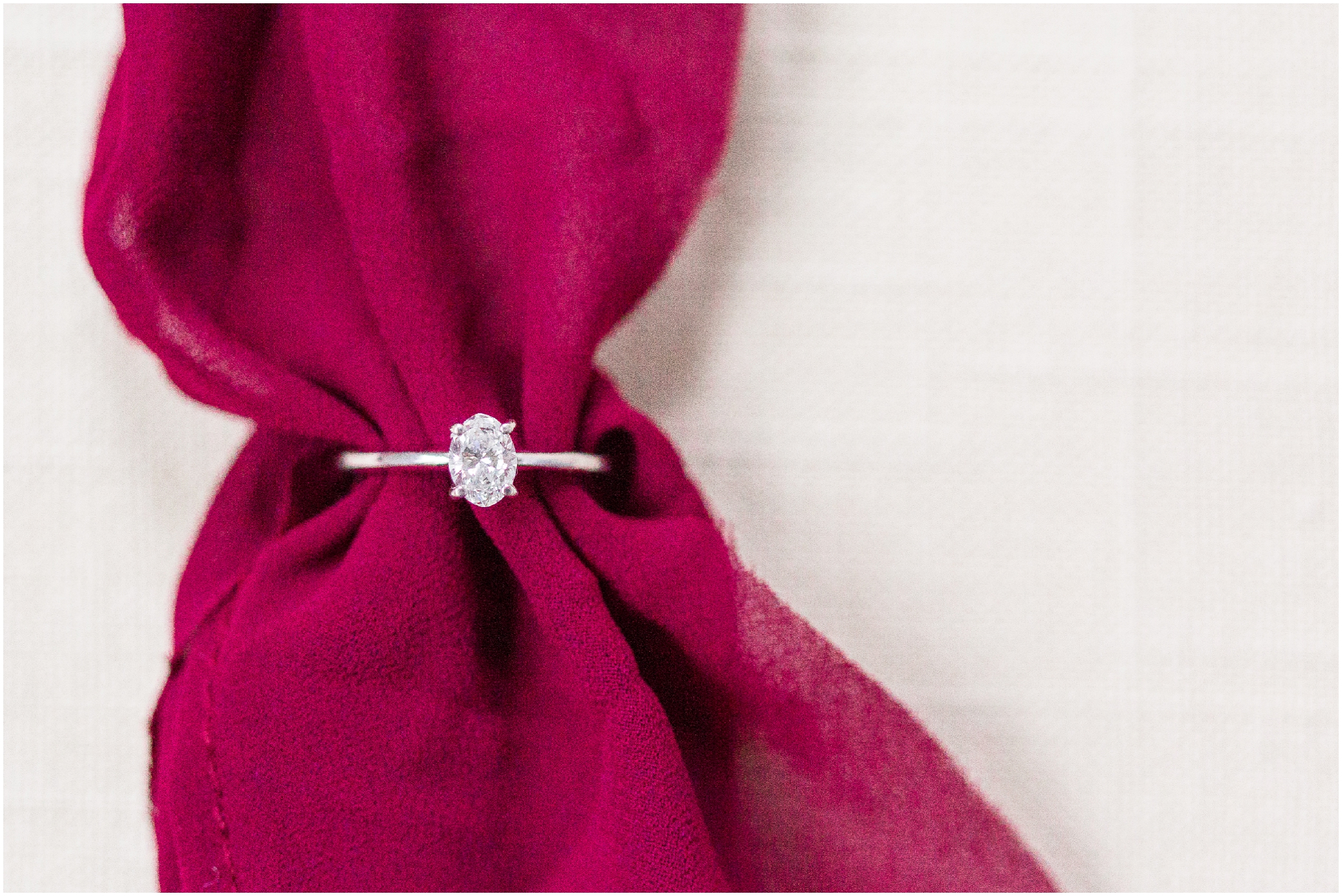 Burgundy Winter Wedding with Oval Diamond Ring and Winter Wedding Fur Wrap