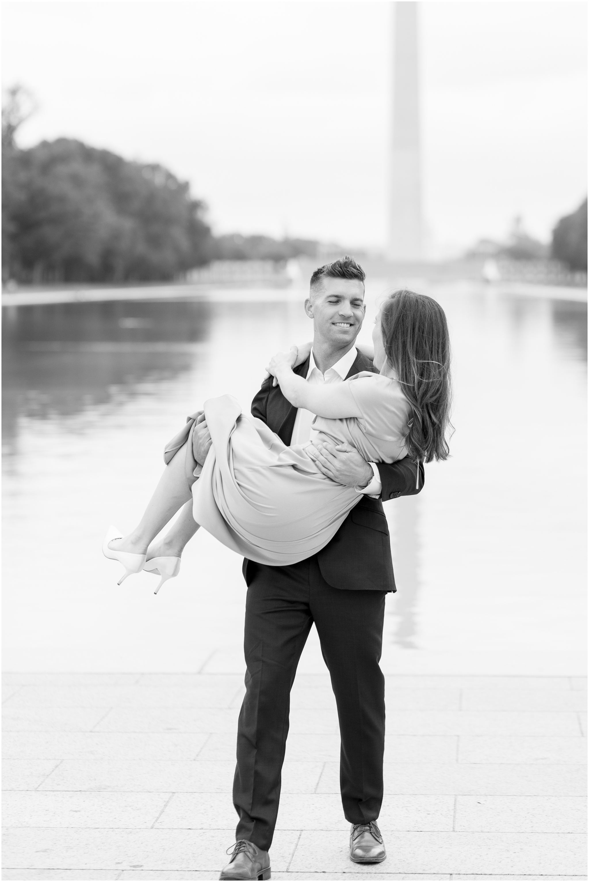 DC Wedding photographer captured a sunrise Lincoln Memorial engagement session views of the Washington Monument. This formal DC engagement session at the DC monuments was captured by DC engagement photographer Taylor Rose Photography. Kate’s engagement session outfit inspiration came from Gal Meets Glam.