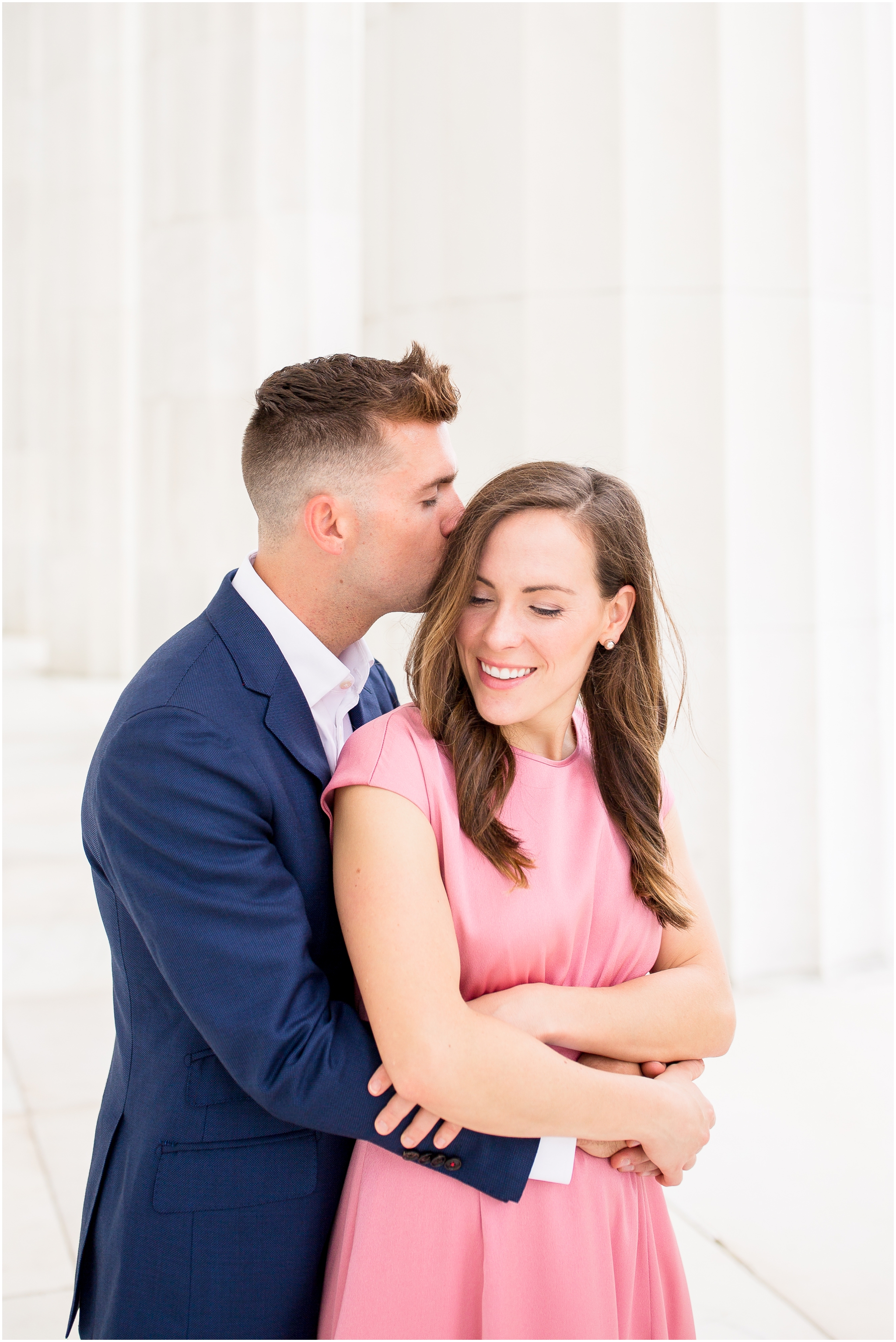 DC Wedding photographer captured a sunrise Lincoln Memorial engagement session views of the Washington Monument. This formal DC engagement session at the DC monuments was captured by DC engagement photographer Taylor Rose Photography. Kate’s engagement session outfit inspiration came from Gal Meets Glam.
