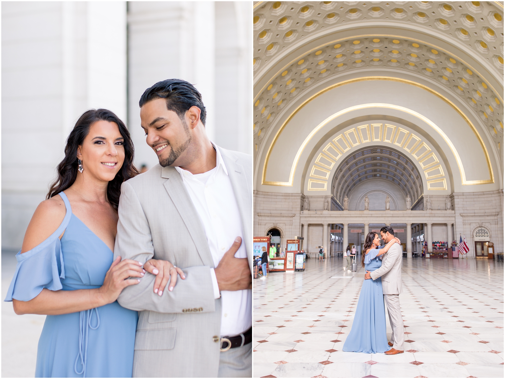 Union Station Wedding photographer captured Union Station engagement session in Washington DC on Capitol Hill. Yvette wore a formal engagement dress from Lulu’s for their formal DC engagement session in the fall. Photographed by DC wedding photographer, Taylor Rose Photography.