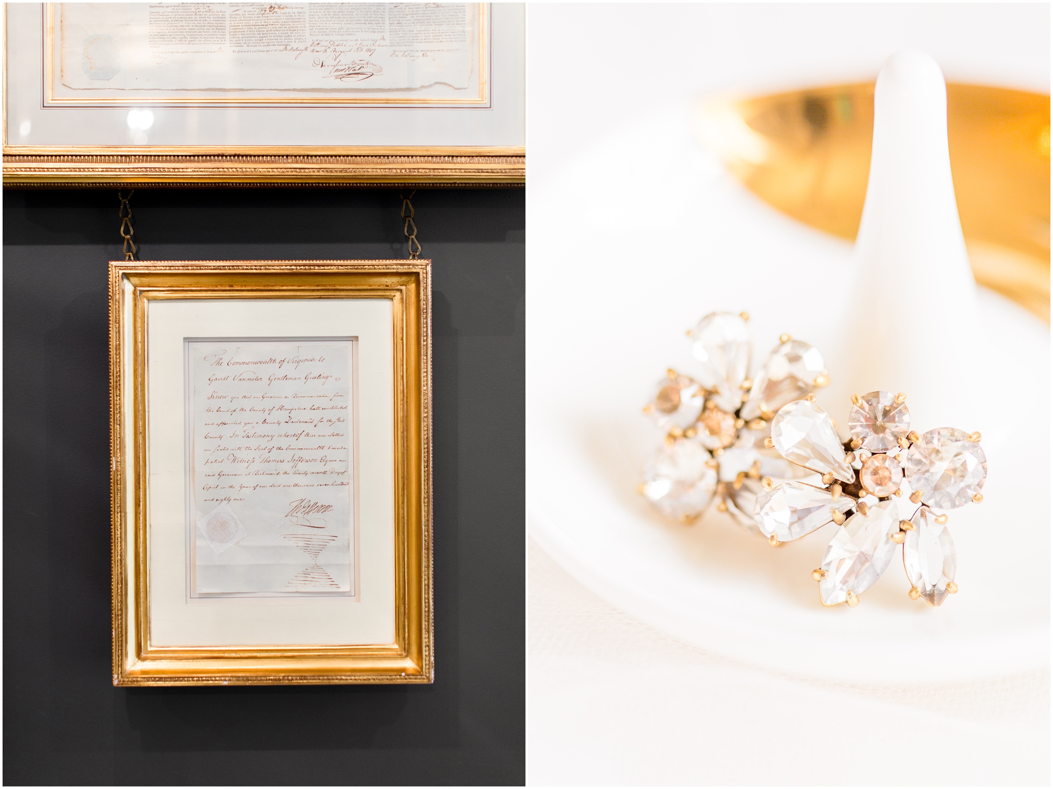 Glamorous gatsby style wedding at the Jefferson Hotel DC was captured by DC wedding photographer Taylor Rose Photography. Includes gold wedding bands and gold bridal earrings.
