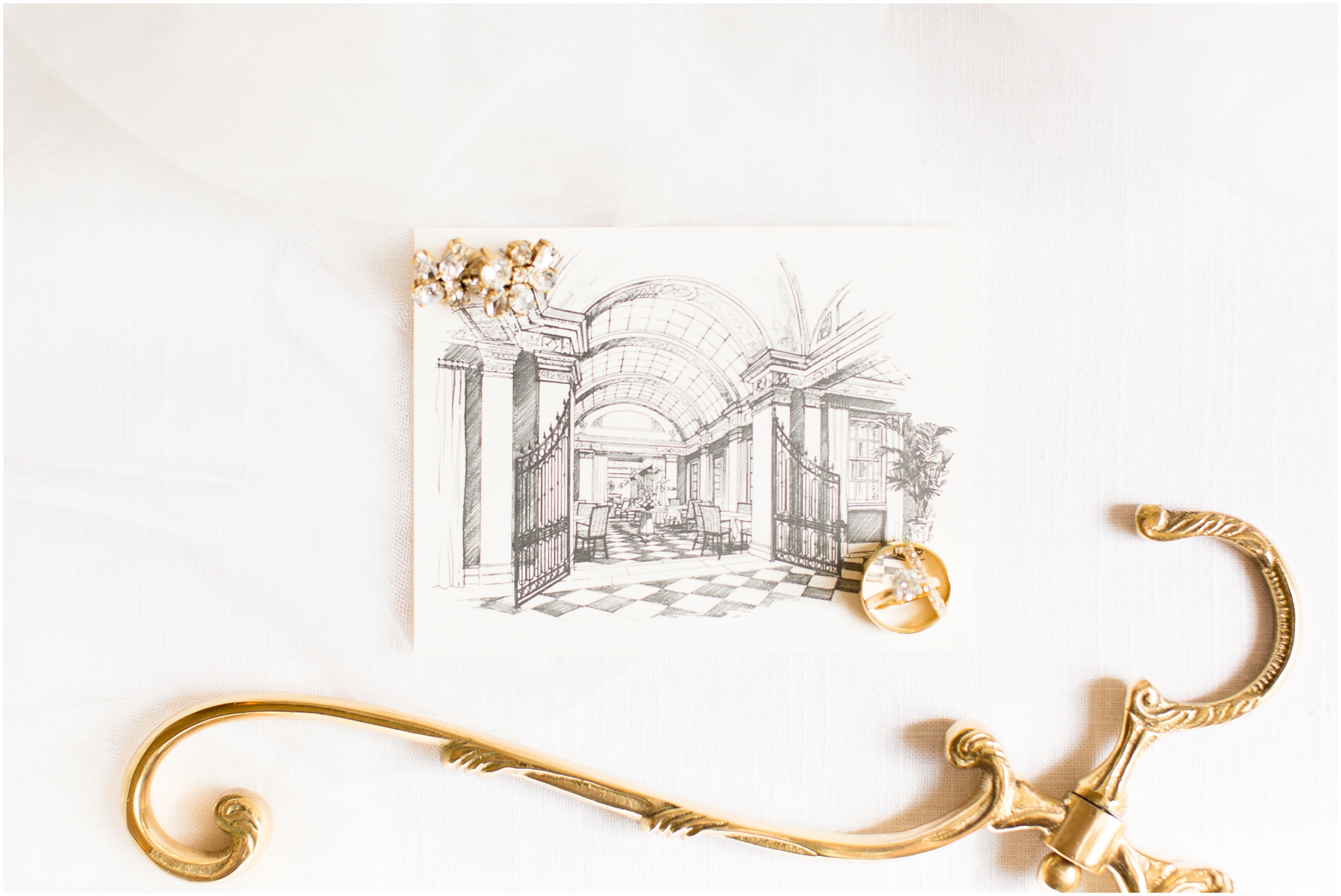 Glamorous gatsby style wedding at the Jefferson Hotel DC was captured by DC wedding photographer Taylor Rose Photography. Includes gold wedding bands and gold anthropologie hanger.