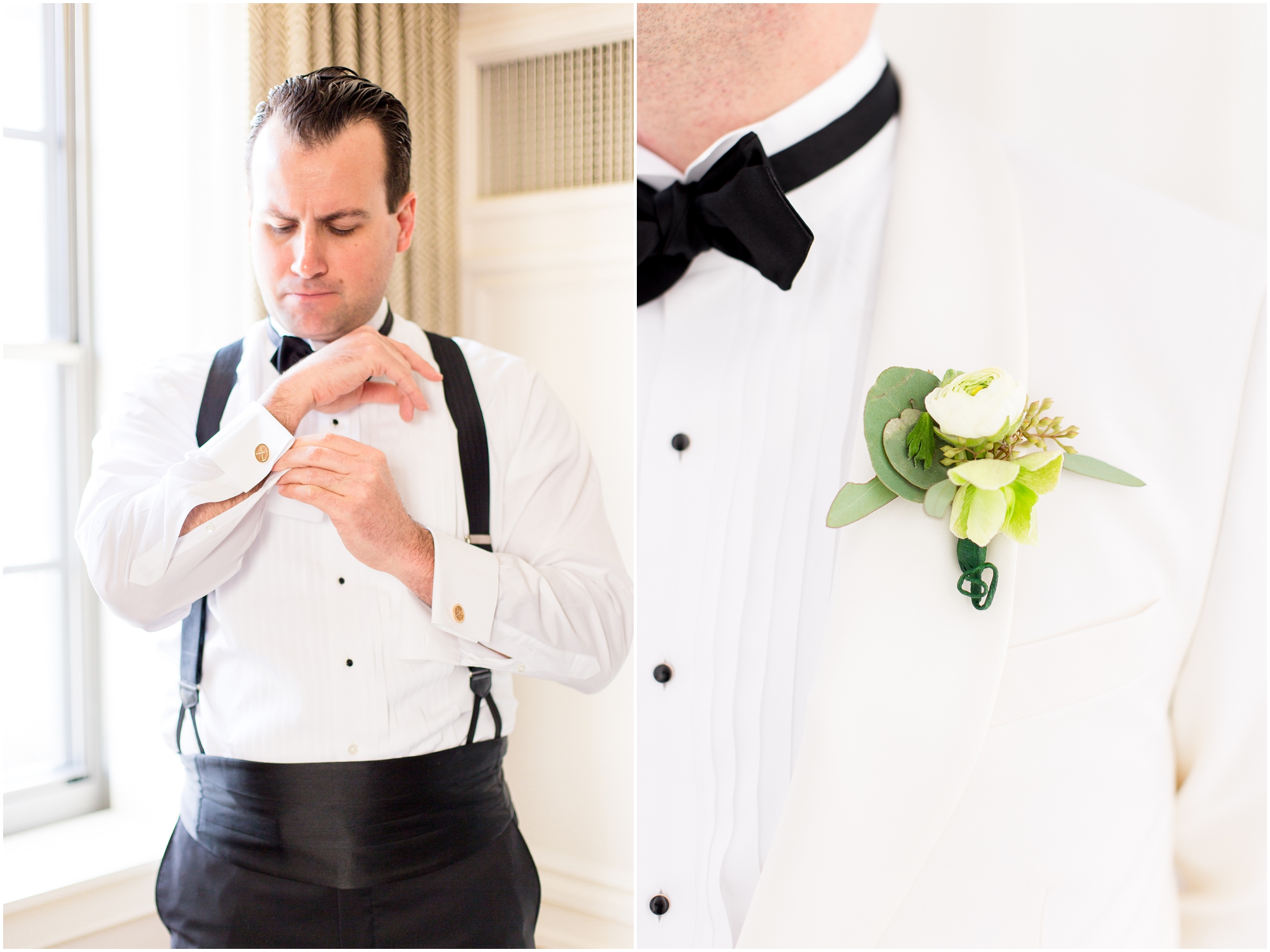 Jefferson Hotel wedding captured in Washington DC by DC wedding photographer Taylor Rose Photography. Black Tie wedding in Washington DC. Groom wore a white suit.
