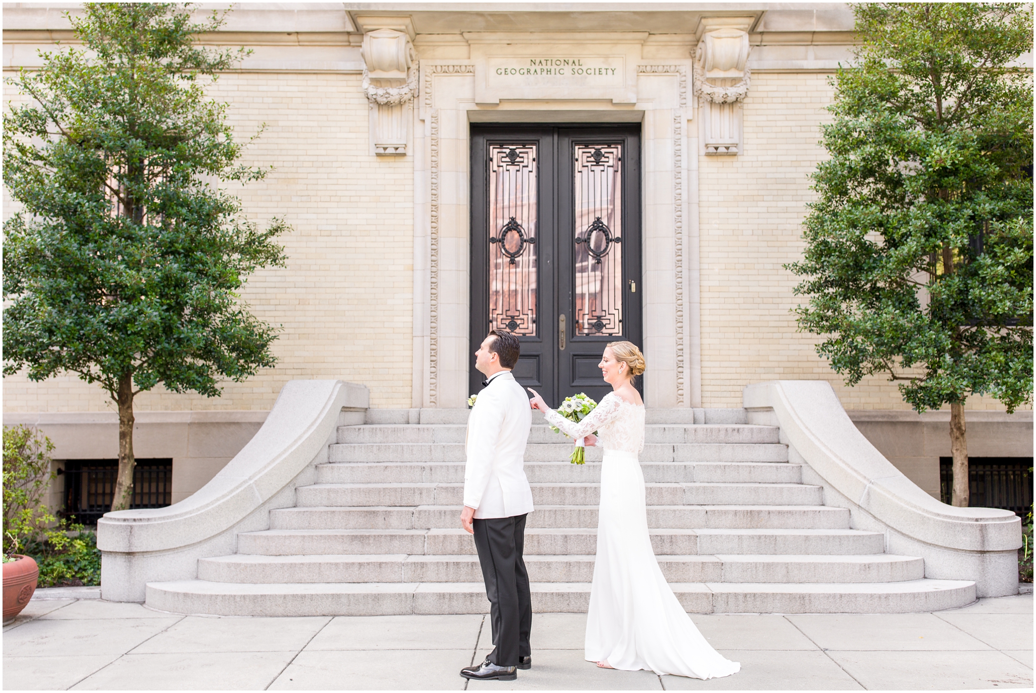 Jefferson Hotel wedding captured in Washington DC by DC wedding photographer Taylor Rose Photography. Black Tie wedding in Washington DC. Groom wore a white suit. First Look