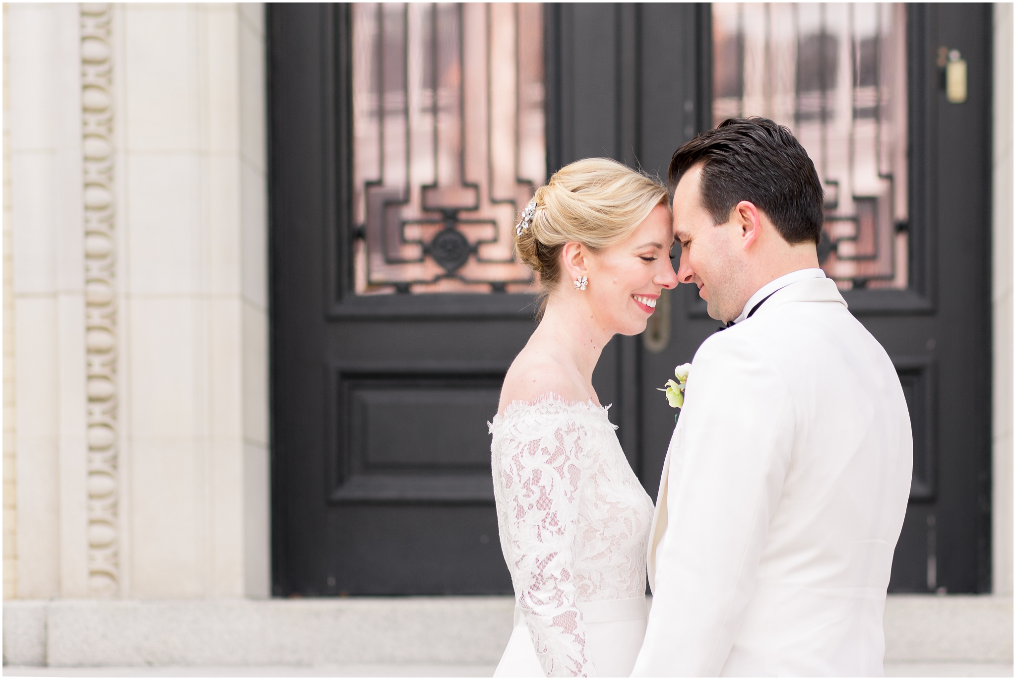 Jefferson Hotel wedding captured in Washington DC by DC wedding photographer Taylor Rose Photography. Black Tie wedding in Washington DC. Groom wore a white suit. First Look