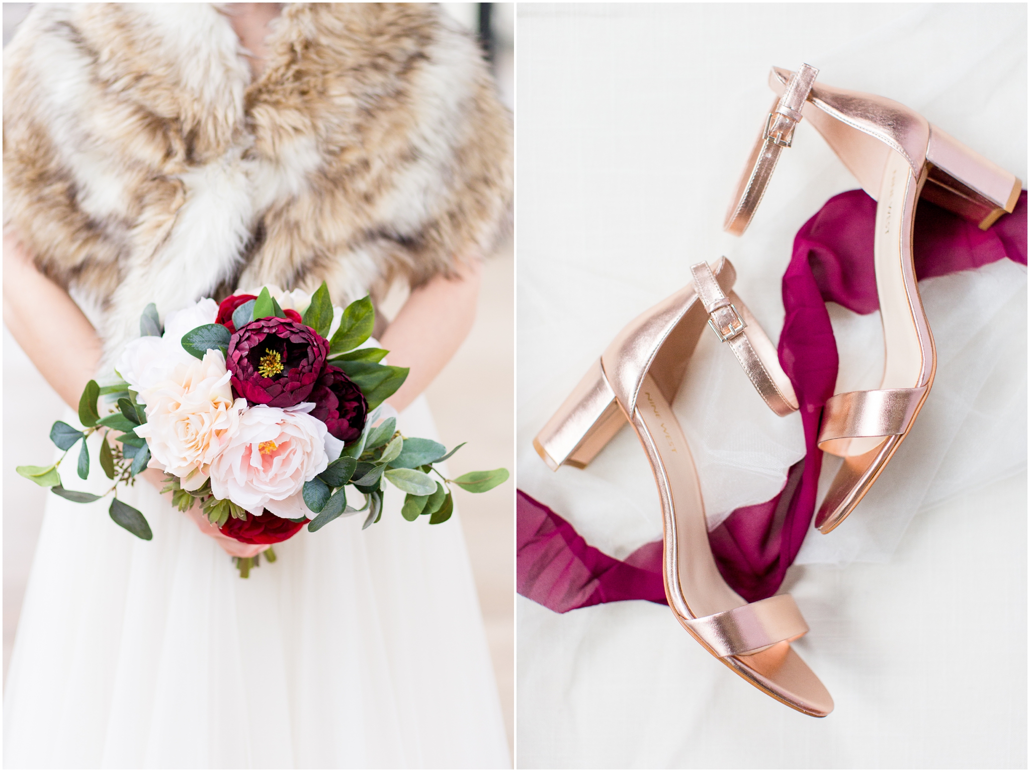 Burgundy Winter Wedding with Rose Gold Shoes and Winter Wedding Fur Wrap