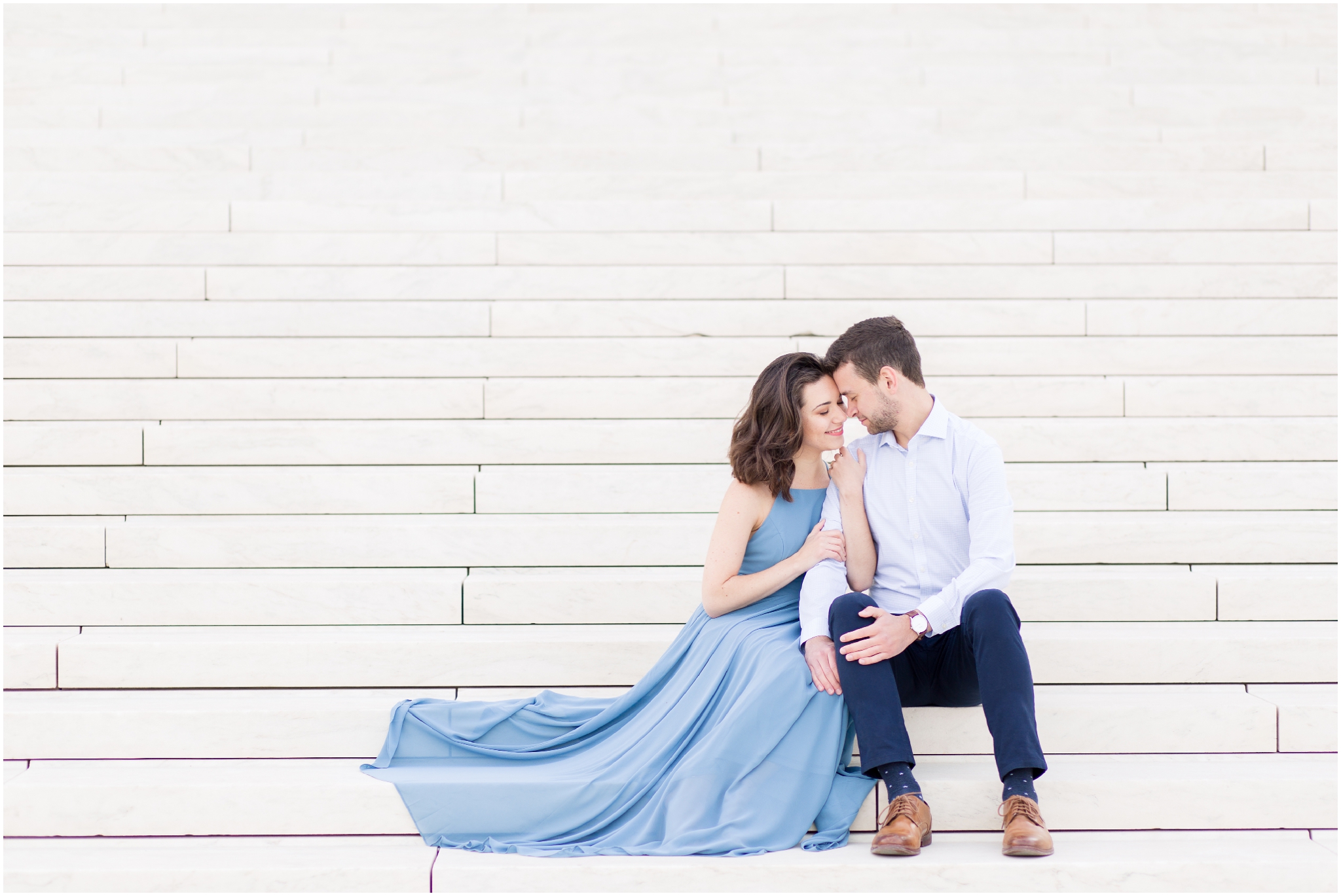 DC engagement photographer captured a dc monument engagement on Capitol Hill, the Senate Building, and the Library of Congress steps. Deanna wore a slate blue Lulu’s Mythical Kind of Love Dress.